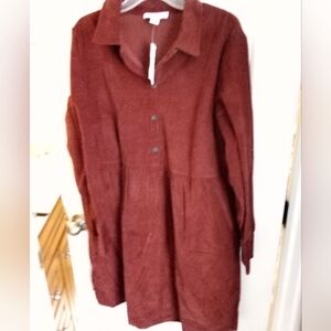 Nine West Burgundy Corduroy LongSleeve Half Button Collared Dress W/Side Pockets